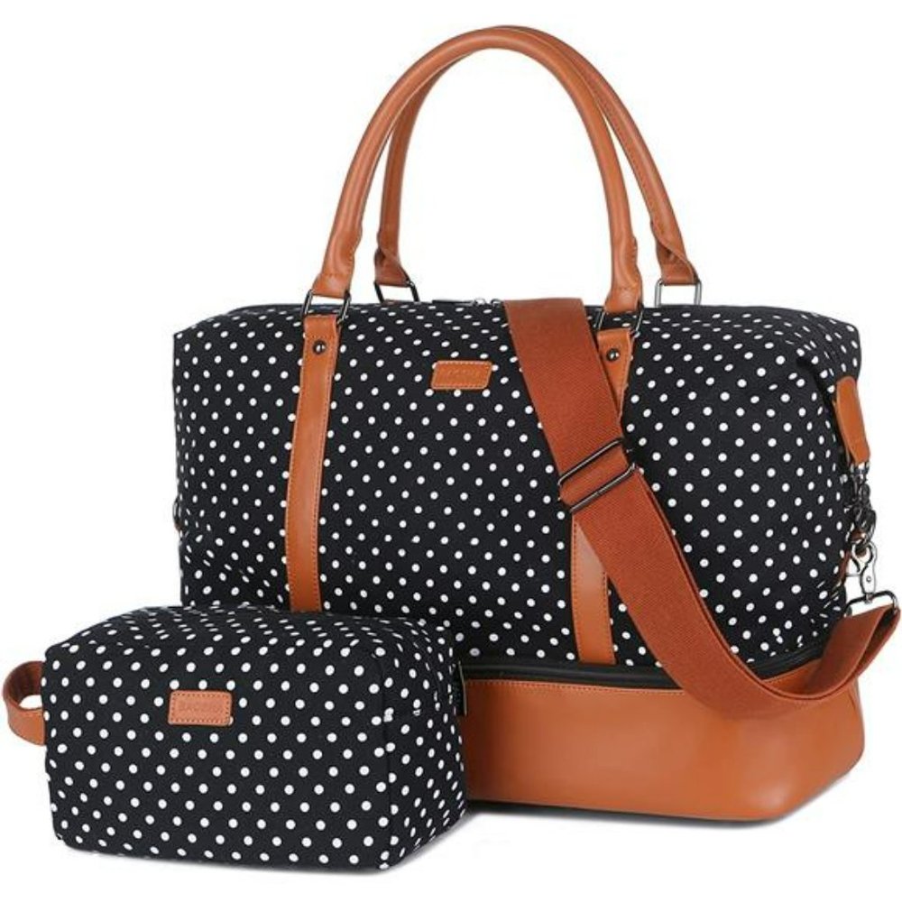 Leather Large Travel Duffel Tote Bag Carry On With Shoe Compartment (Black)